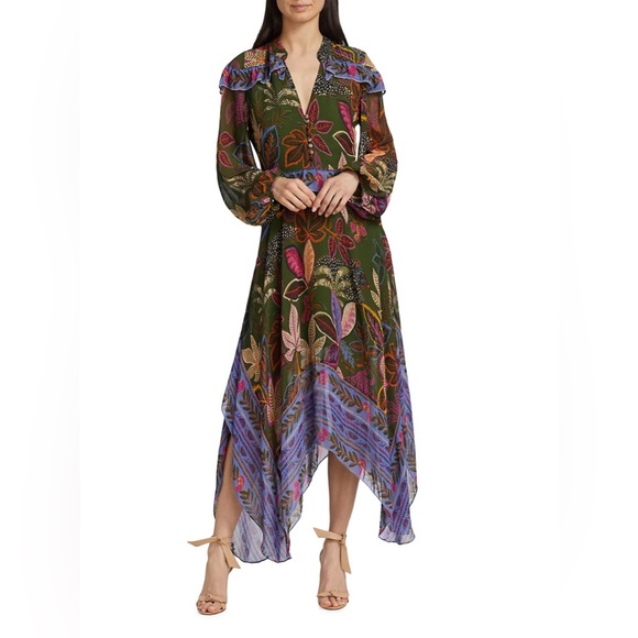 NWT Farm Rio Wild Jungle Green Womens Print Handkerchief Hem Ruffle Midi Dress